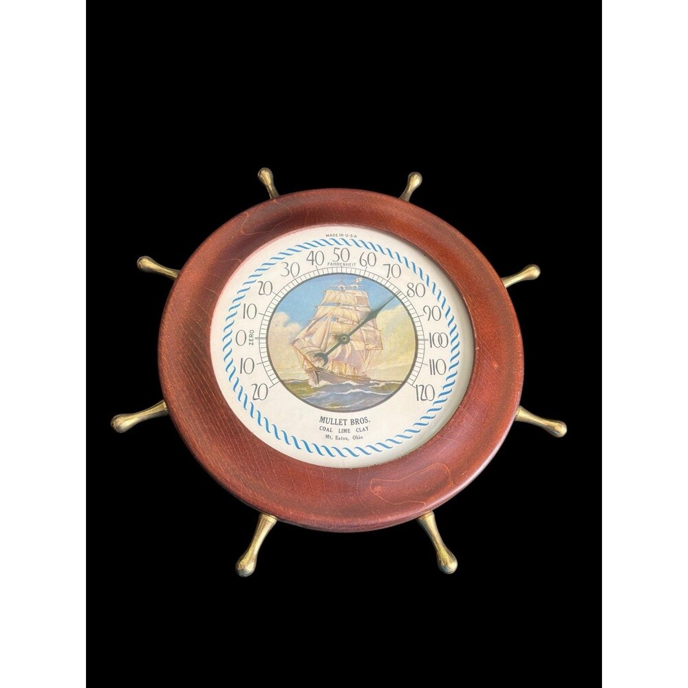 Vintage 10 Inch Ship Wheel Wall Thermometer Millet Bros Coal Lime Clay Mt Eaton - Picture 3 of 7